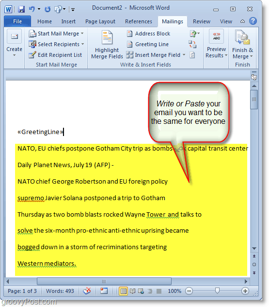 „Outlook 2010“ ekrano kopija - parašykite masinio el. Pašto turinį