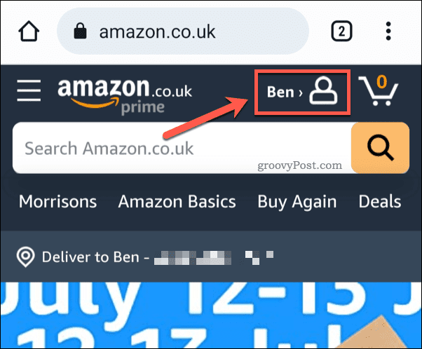 Bakstelėkite Amazon profilio piktogramą