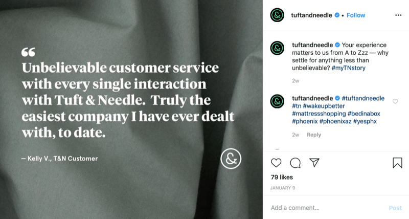 kliento citatos grafika iš „Tuft and Needle Instagram“ paskyros