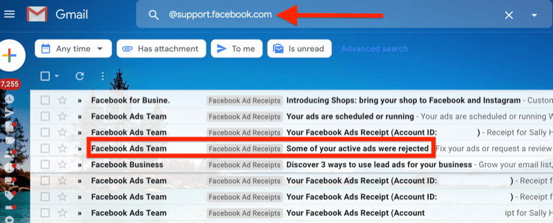 „Gmail“ filtro pavyzdys, skirtas @ support.facebook.com, kad būtų galima izoliuoti visus „Facebook“ skelbimo el. pašto pranešimus