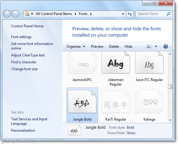 „Windows 7“ šriftų valdymo pulto vaizdas