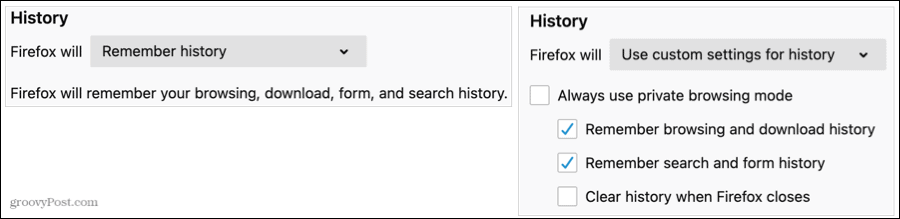 Istorijos nustatymai „Firefox“