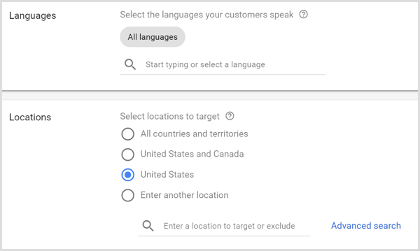 „Google AdWords“ kampanijos kalbų ir vietovių nustatymai.