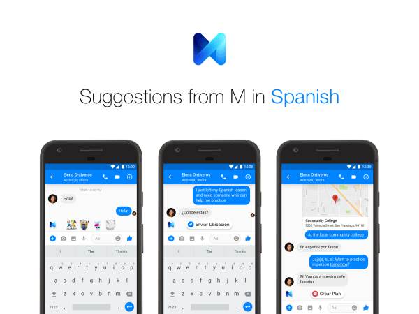 „Facebook Messenger“ vartotojai dabar gali gauti „M“ pasiūlymus tiek anglų, tiek ispanų kalbomis.