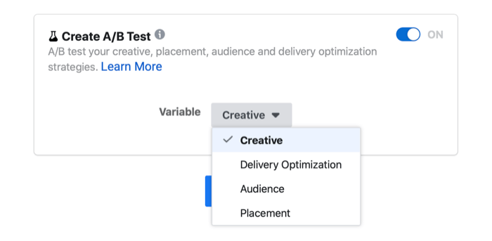 „facebook“ skelbimo a / b testavimo nustatymas, rodantis kintamąsias skelbimų, pateikimo optimizavimo, auditorijos ir paskirties parinktis