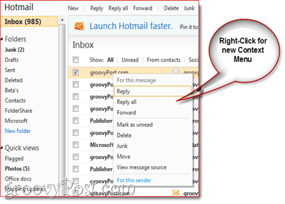 „Hotmail“ Naujas dešiniojo pelės mygtuko paspaudimo kontekstinis meniu