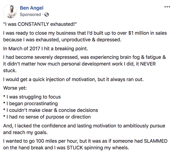 Kaip rašyti ir struktūrizuoti ilgesnės formos tekstinius „Facebook“ remiamus įrašus, 1 žingsnis, Beno Angelo užpakalinių teiginių pavyzdys