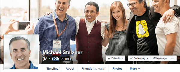 Michaelas Stelzneris prisijungė prie „Facebook“ pagal „MarketingProf“ Ann Handley rekomendaciją.