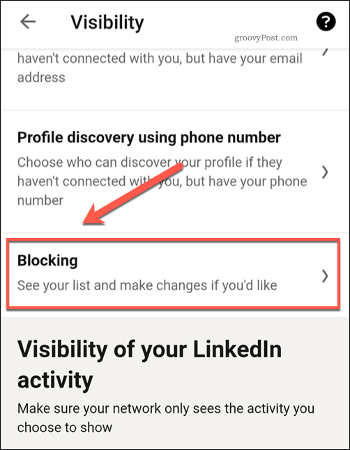 „LinkedIn Blocked“ vartotojo nustatymų meniu