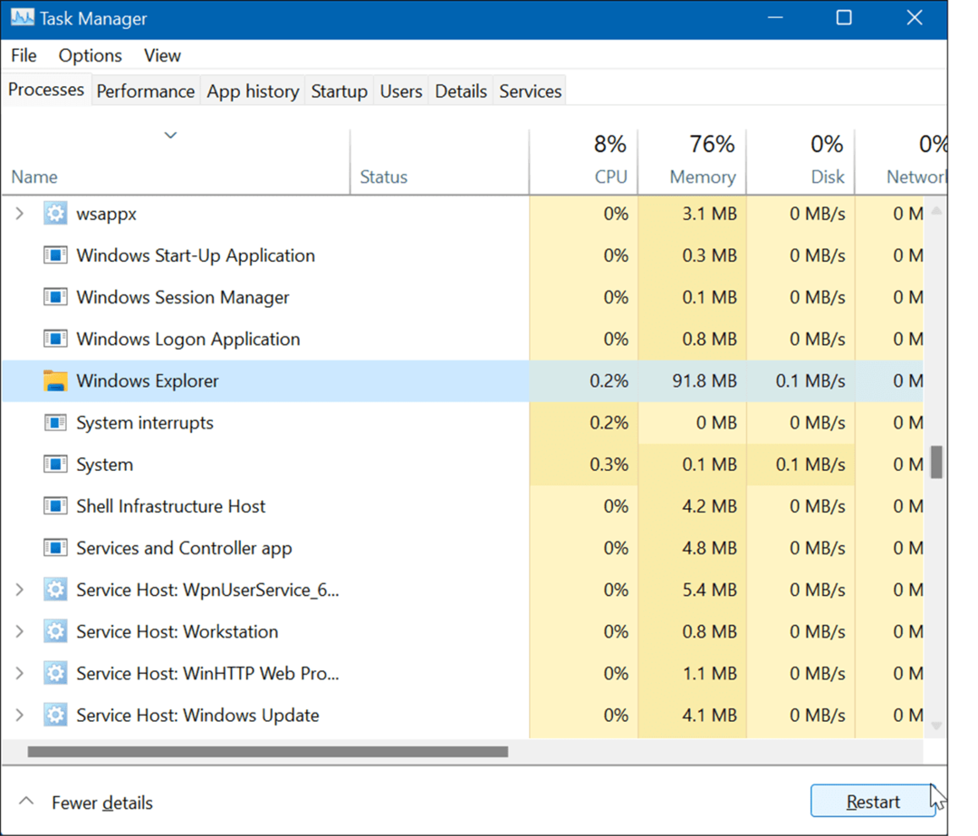 Iš naujo paleiskite „Windows Explorer“ iš naujo nustatykite užduočių juostos nustatymus sistemoje „Windows 11“.