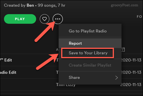 „Spotify“ grojaraščio išsaugojimas vartotojo bibliotekoje