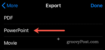 Eksportuojama iš „Keynote“ į „PowerPoint“ „iOS“