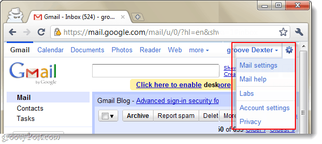 „Gmail“ pašto nustatymų išskleidžiamasis meniu