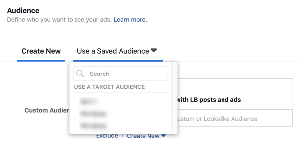Galimybė išsaugotą auditoriją naudoti „Facebook“ potencialių klientų skelbimų kampanijoje.