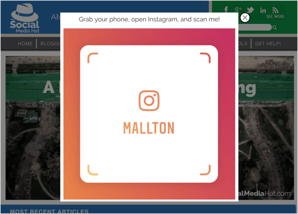 Išėjimo iššokantis langas su „Instagram“ vardine žyma.