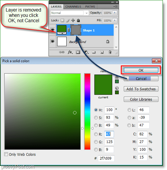 „Photoshop“ spalvų parinkiklio ekrano kopija - o kai tai veikia, dabar „Photoshop“ galite naudoti spalvų parinkimo klavišus