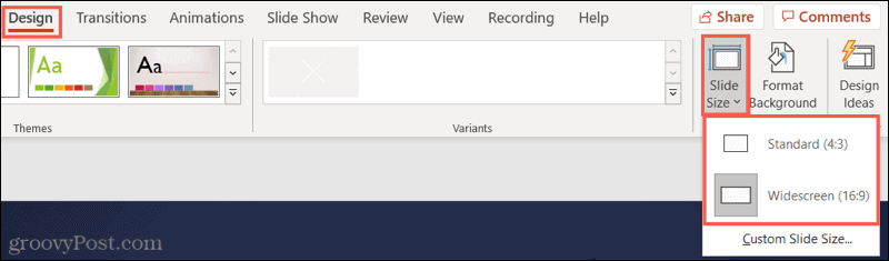 Spustelėkite Standartinis arba Plačiaekranis norėdami pamatyti savo „PowerPoint“ skaidrės dydį