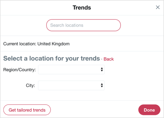 „Twitter“ tendencijose pasirinkite šalį ir miestą, į kurį norite sutelkti dėmesį.