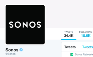 „Sonos Twitter“ paskyra patvirtinta ir joje rodomas mėlynas „Twitter“ patvirtintas ženklelis.