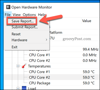 „Open Hardware Monitor“ ataskaitos išsaugojimas