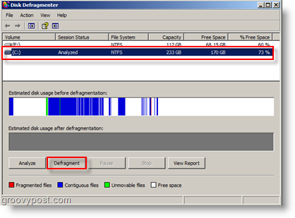 „Windows XP“ disko defragmentavimo parinktys - analizuokite ir defragmentuokite