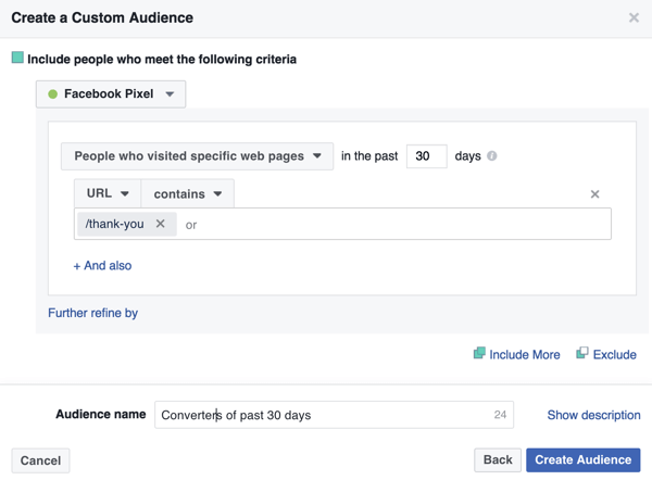 Norėdami sukurti „Facebook“ pritaikytą ankstesnių pirkėjų auditoriją, pridėkite padėkos puslapio URL.
