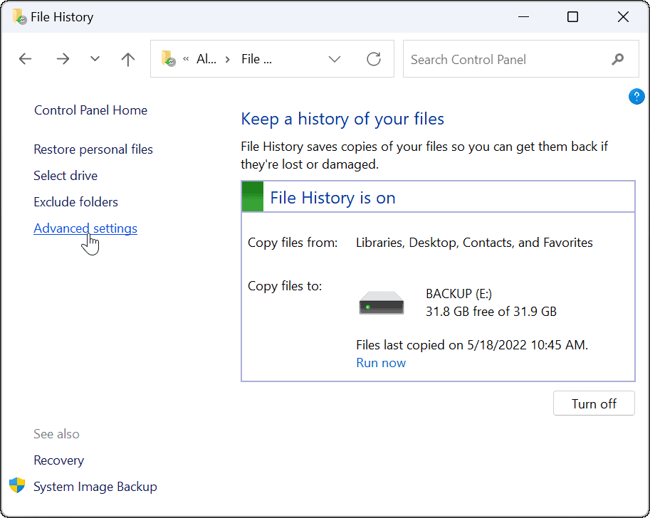 išplėstinio naudojimo failų istorija Windows 11