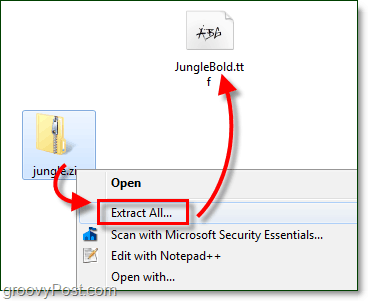 išpakuokite nemokamą atsisiųstą šriftą, skirtą naudoti su „Windows 7“