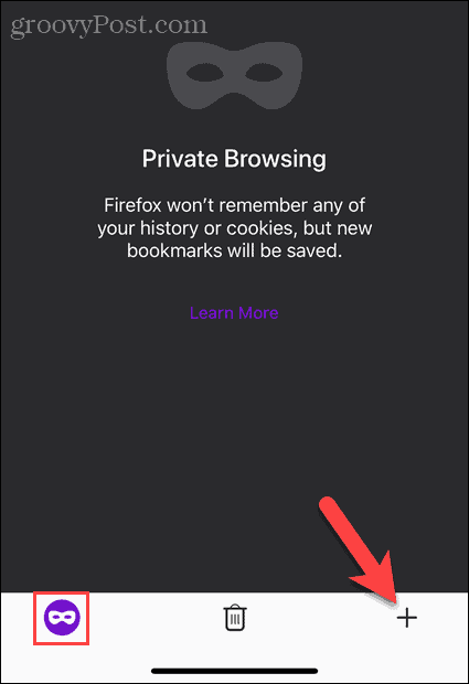 Palieskite „Naujo skirtuko“ mygtuką privačiame naršymo režime „Firefox“ sistemoje „iOS“