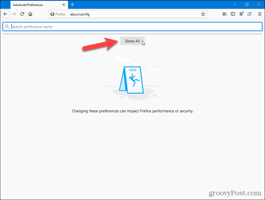 Išplėstinių „Firefox“ nustatymų puslapyje spustelėkite Rodyti viską