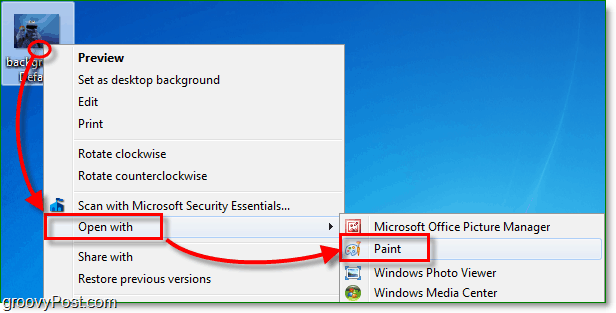 Dešiniuoju pelės mygtuku spustelėkite savo atvaizdą „Windows 7“ ir pasirinkite „atidaryti dažais“