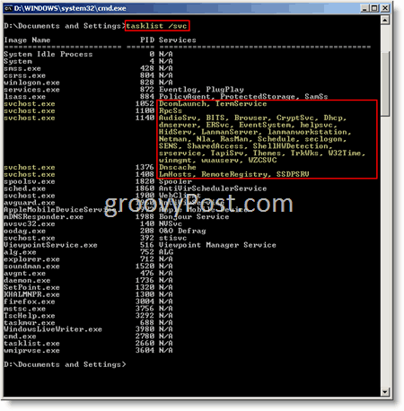 „Windows“ komanda „Windows Prompt“ svchost.exe užduočių sąrašas / svc