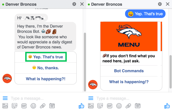 „Denver Broncos“ pokalbių biuletenis ragina vartotojus užsiregistruoti kasdien.