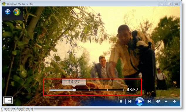 „Windows 7 Media Center“ - naudokite slankiklį, jei norite greitai pereiti į priekį ar atgal