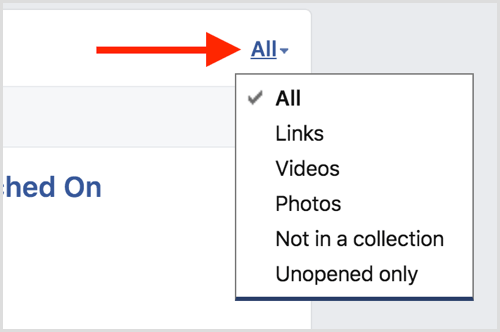 „Facebook“ išsaugotų elementų sąrašo filtrai