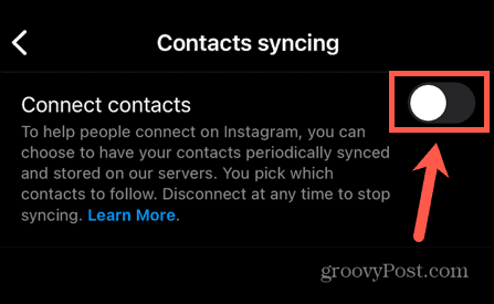 „Instagram“ kontaktų sinchronizavimas išjungtas