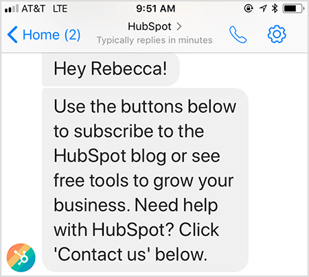 „HubSpot“ „chatbot“ sveikinimo pranešimas leidžia susisiekti su žmogumi.