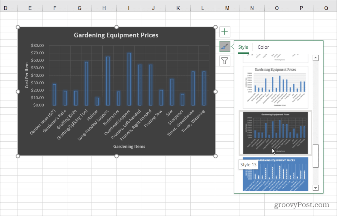 Juostinės diagramos stiliai Excel