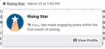 Kaip naudotis „Facebook Groups“ funkcijomis, grupės „Rising Star“ ženklelio pavyzdys