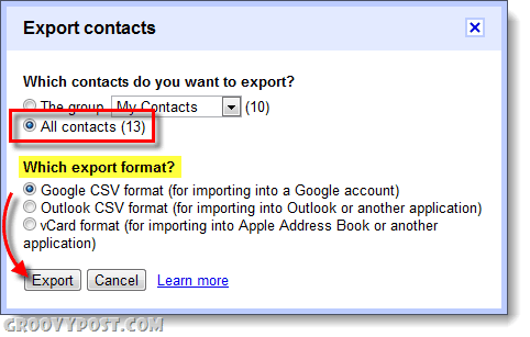 eksportuoti „google apps gmail“ kontaktų tipą