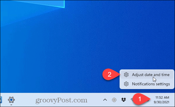 „Windows 11“ pasirinkite Koreguoti datą ir laiką