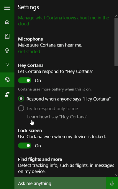 „Cortana“ nustatymai