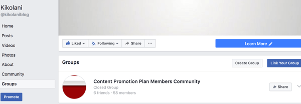 Susieta grupė bus rodoma „Facebook“ puslapio skirtuke Grupės.