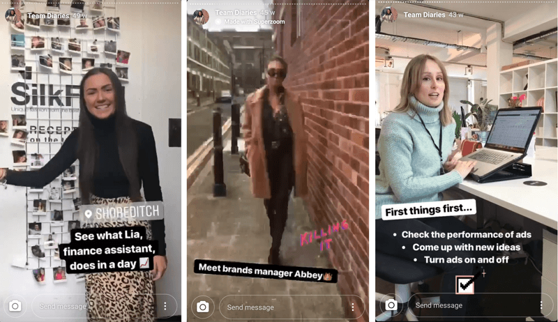 „Instagram“ istorijos, demonstruojančios darbuotojus, pavyzdys