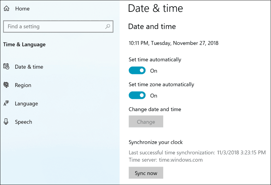 „Windows 10 19H1 Sync Clock“ nustatymai