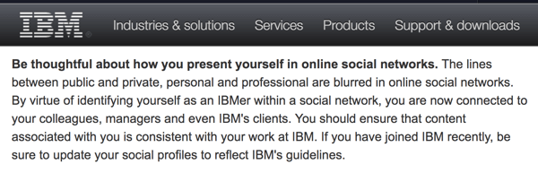 IBM socialinio skaičiavimo gairės primena darbuotojams, kad jie atstovauja bendrovei net asmeninėse sąskaitose.