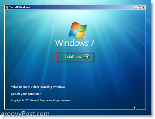 „Windows 7“ diegimo meniu