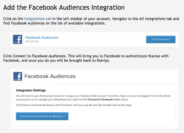 „Klaviyo“ „Facebook“ auditorijos integracija yra paprasta naudoti.