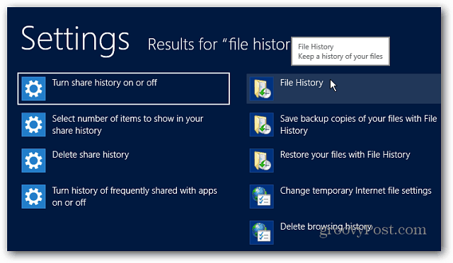 Failų istorijos nustatymų paieška „Windows 8“
