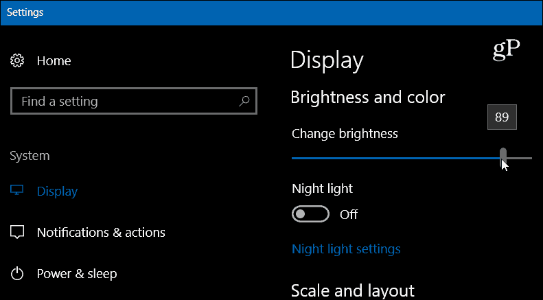 „Windows 10“ nustatymų ekrano ryškumas